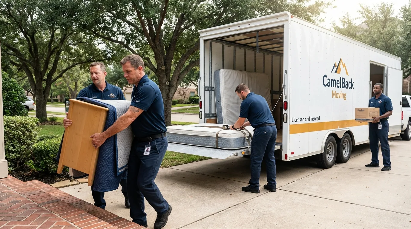 Crew loading residential truck for cross-state move from Fort Hood, TX