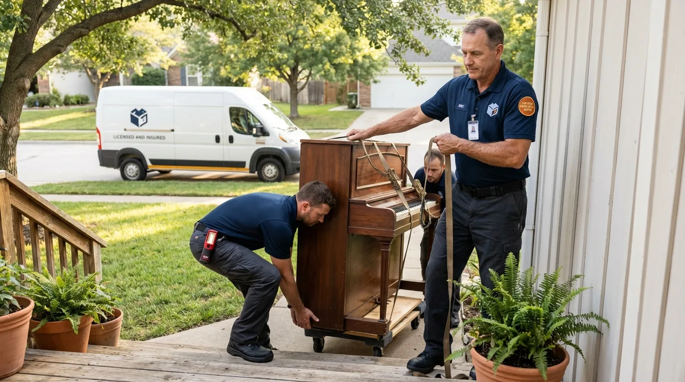 Licensed piano movers securing grand piano in Fort Hood, TX