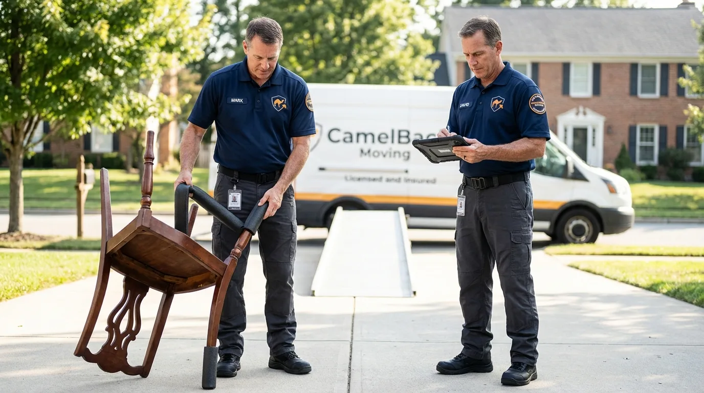 Movers inspecting furniture for damage prevention before loading in Fort Hood, TX